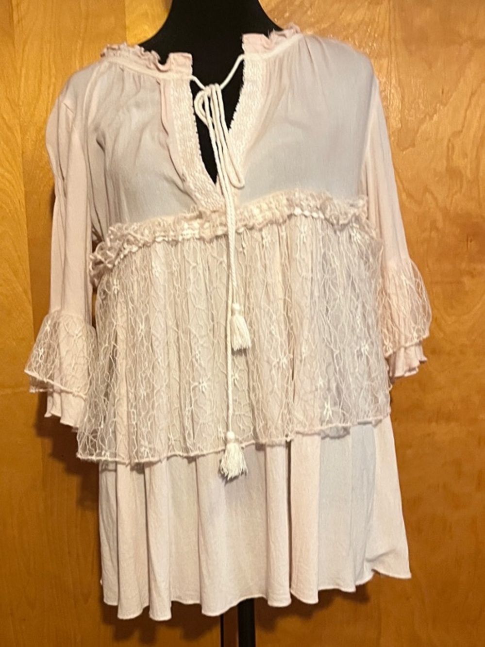 POL Medium Blush Lace-Overlay Tunic with Tassel Tie